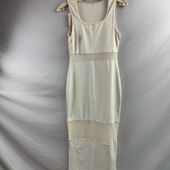 Beige Bodycon Mesh Split Back Dress - Picture 6 of 7